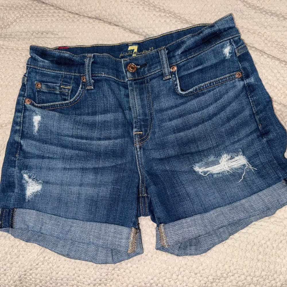 7 For All Mankind Blue Jean Shorts Distressed Cuffed